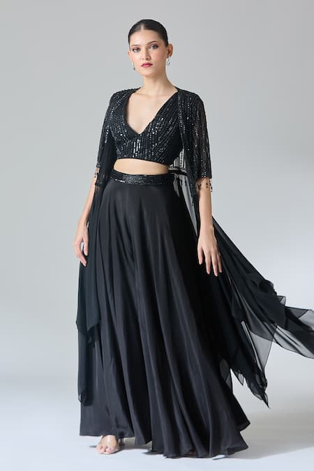 Shop_Samyukta Singhania_Black Net, Chiffon, Georgette Sequins, Stripe Embroidered Cape Palazzo Set _Online_at_Aza_Fashions