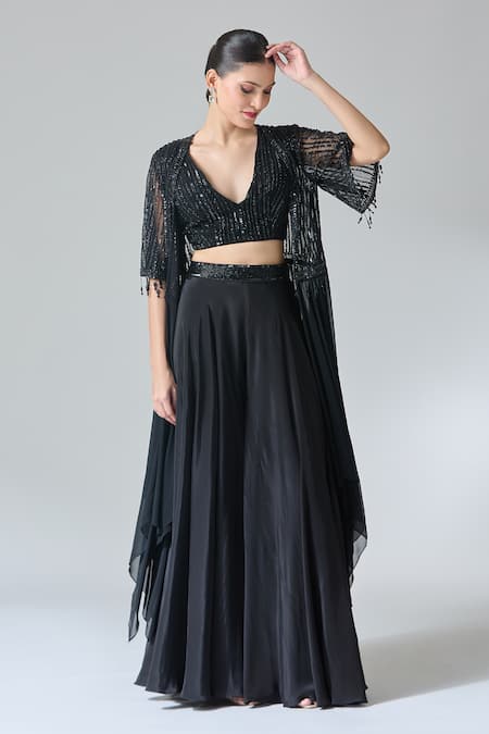 Samyukta Singhania_Black Net, Chiffon, Georgette Sequins, Stripe Embroidered Cape Palazzo Set _at_Aza_Fashions