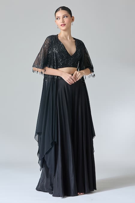 Buy_Samyukta Singhania_Black Net, Chiffon, Georgette Sequins, Stripe Embroidered Cape Palazzo Set 