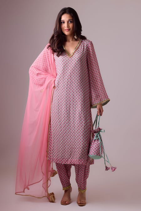 Buy_Nikasha_Blue Georgette Gota Patti, Sequins, Tassels V-neck Floral Printed Kurta Set  