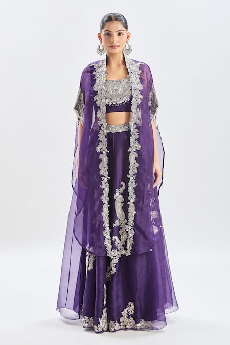 Buy_Prisho_Purple Silk, Georgette Embroidery, Cut Work Paisley Cape Kalidar Skirt Set 