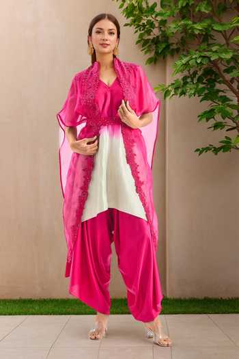Women Pink Floral Embroidered Kurta With Dhoti Skirt