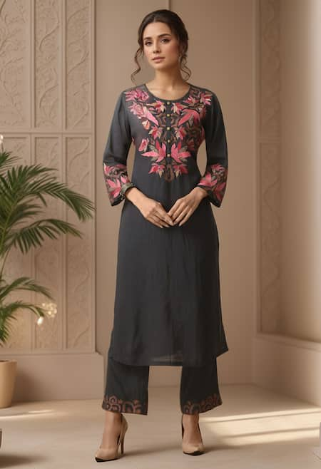 Samyukta Singhania Leaf Embroidered Straight Kurta With Pant 