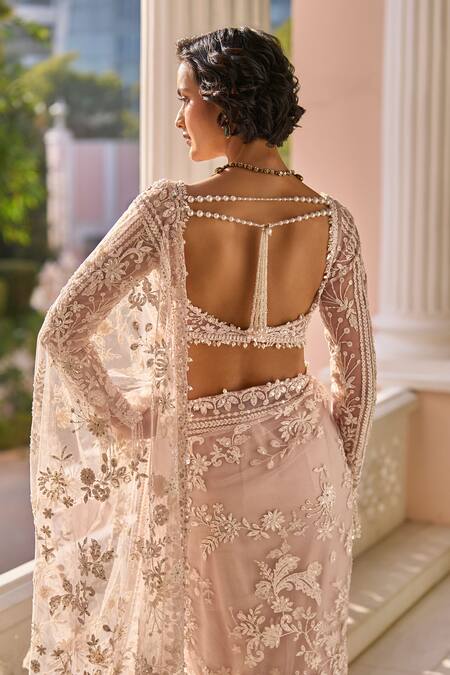 Seema Gujral_Purple Net Pearls, Sequins Sweetheart Neck Floral Embroidered Saree With Blouse _Online_at_Aza_Fashions