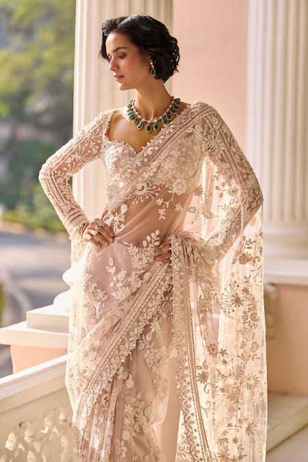 Buy_Seema Gujral_Purple Net Pearls, Sequins Sweetheart Neck Floral Embroidered Saree With Blouse _Online_at_Aza_Fashions