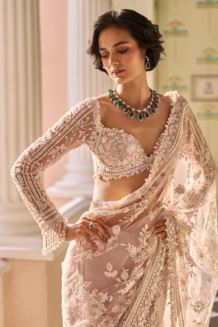 Shop_Seema Gujral_Purple Net Pearls, Sequins Sweetheart Neck Floral Embroidered Saree With Blouse _Online_at_Aza_Fashions