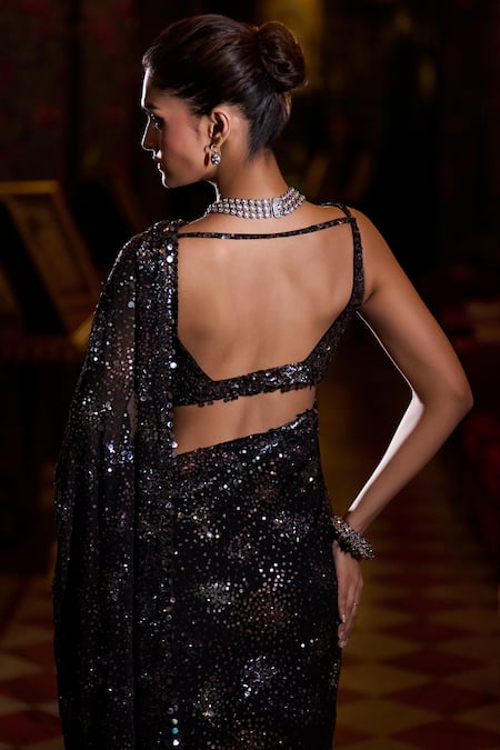 Seema Gujral_Black Georgette Sequins, Crystals Plunge Neck Metallic Embroidered Saree Set _Online_at_Aza_Fashions