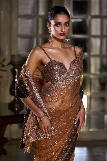 Shop_Seema Gujral_Gold Net Sequins, Beads Sweetheart Neck Ombre Embroidered Saree Set _Online_at_Aza_Fashions