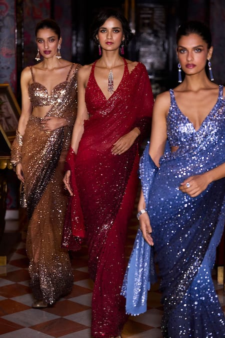 Shop_Seema Gujral_Gold Net Sequins, Beads Sweetheart Neck Ombre Embroidered Saree Set 