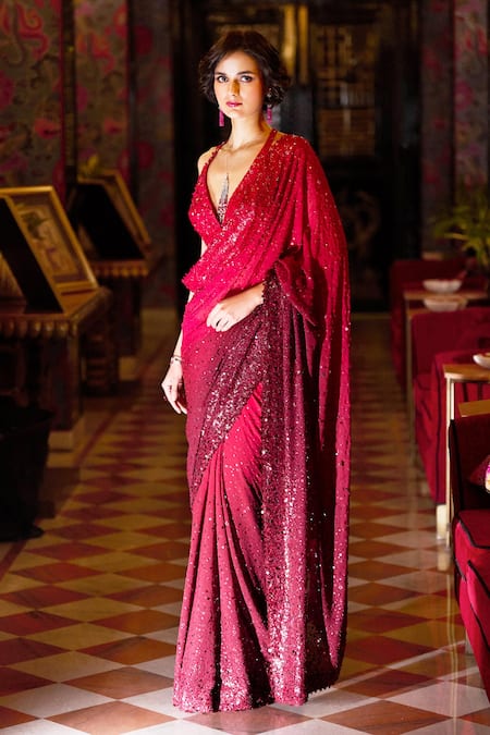 Buy_Seema Gujral_Red Georgette Sequins, Beads Halter Neck Scatter Embroidered Ombre Saree _Online_at_Aza_Fashions