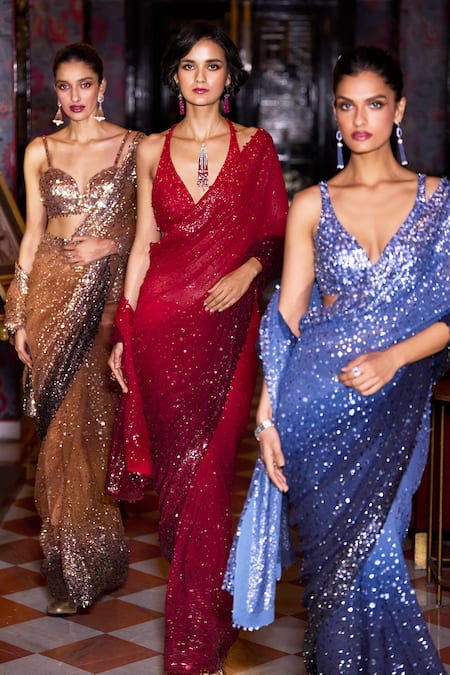 Seema Gujral_Red Georgette Sequins, Beads Halter Neck Scatter Embroidered Ombre Saree _at_Aza_Fashions