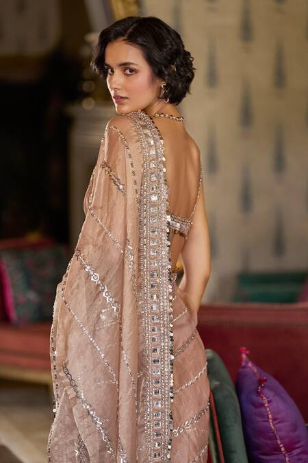 Shop Seema Gujral Brown Tissue, Organza Sequins, Cut Work Geometric Dana Embroidered Saree Set at Aza Fashions Shop_Seema Gujral_Brown Tissue, Organza Sequins, Cut Work Geometric Dana Embroidered Saree Set_at_Aza_Fashions