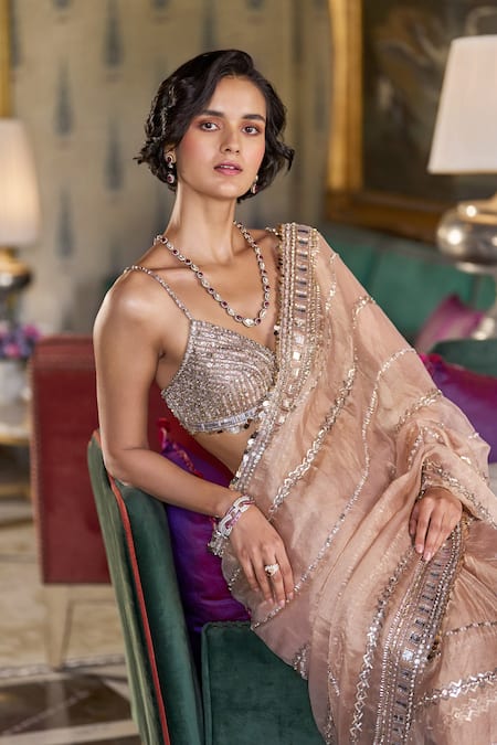 Seema Gujral Brown Tissue, Organza Sequins, Cut Work Geometric Dana Embroidered Saree Set Online at Aza Fashions Seema Gujral_Brown Tissue, Organza Sequins, Cut Work Geometric Dana Embroidered Saree Set_Online_at_Aza_Fashions