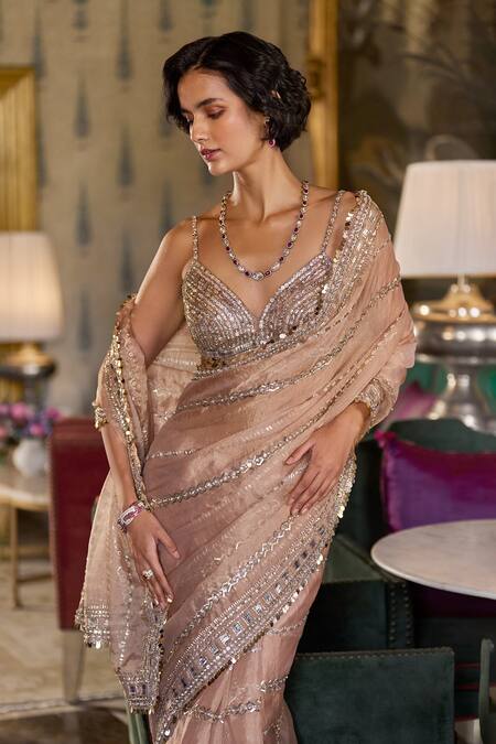 Buy Seema Gujral Brown Tissue, Organza Sequins, Cut Work Geometric Dana Embroidered Saree Set Online at Aza Fashions Buy_Seema Gujral_Brown Tissue, Organza Sequins, Cut Work Geometric Dana Embroidered Saree Set_Online_at_Aza_Fashions