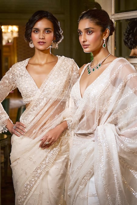 Buy_Seema Gujral_Ivory Net Sequins, Crystals V-neck Embroidered Floral Saree With Blouse _Online_at_Aza_Fashions