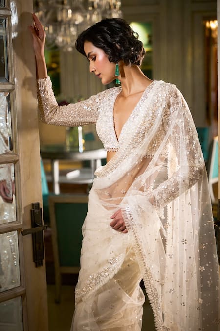 Shop_Seema Gujral_Ivory Net Sequins, Crystals V-neck Embroidered Floral Saree With Blouse 