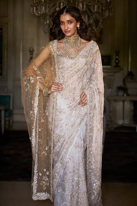 Buy_Seema Gujral_Ivory Net Embroidery, Sequins, Crystals Scoop Neck Floral Saree Set _Online_at_Aza_Fashions