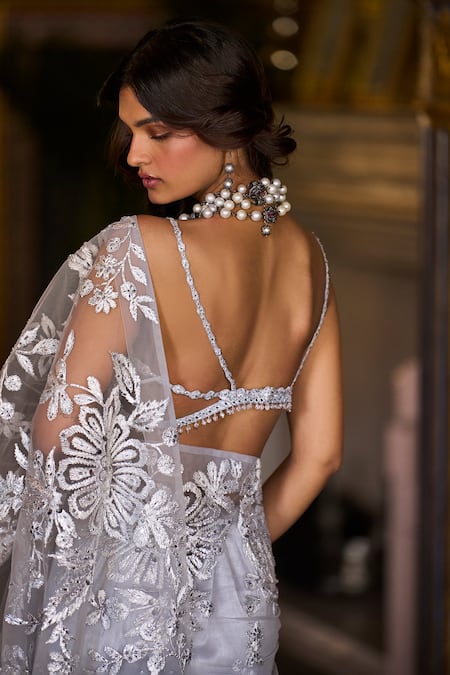 Shop_Seema Gujral_Silver Net Embroidery, Sequins Sweetheart Neck Floral Saree Set _Online_at_Aza_Fashions