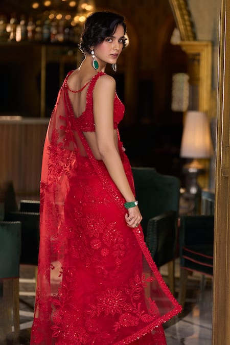 Seema Gujral_Red Net Embroidery, Sequins Floral Saree Set _Online_at_Aza_Fashions