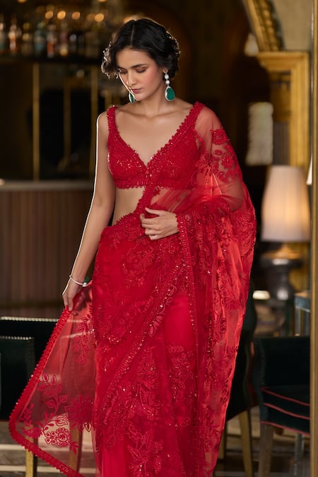 Buy_Seema Gujral_Red Net Embroidery, Sequins Floral Saree Set _Online_at_Aza_Fashions