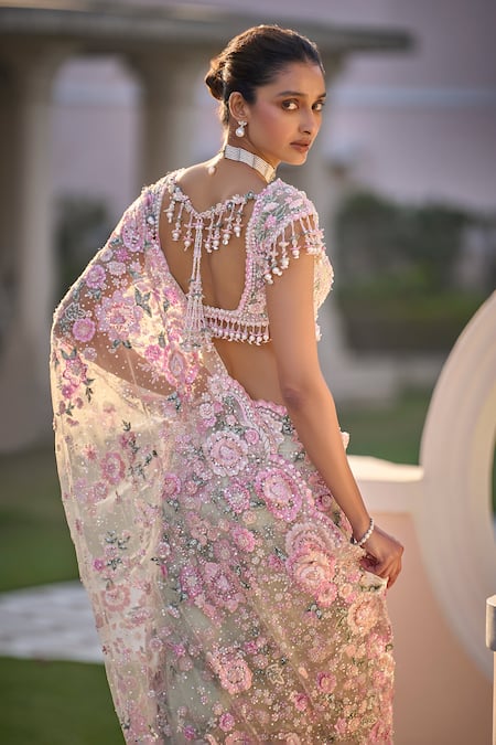 Seema Gujral_Green Net Embroidery, Sequins Sweetheart Neck Mint Floral Saree Set _Online_at_Aza_Fashions