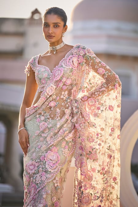 Buy_Seema Gujral_Green Net Embroidery, Sequins Sweetheart Neck Mint Floral Saree Set _Online_at_Aza_Fashions