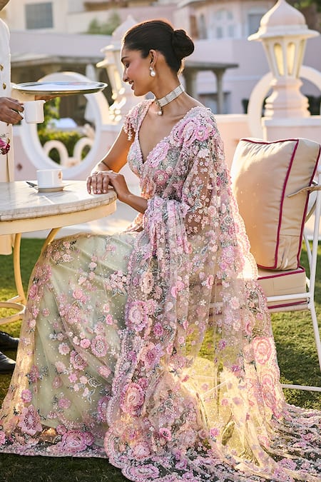 Shop_Seema Gujral_Green Net Embroidery, Sequins Sweetheart Neck Mint Floral Saree Set _Online_at_Aza_Fashions