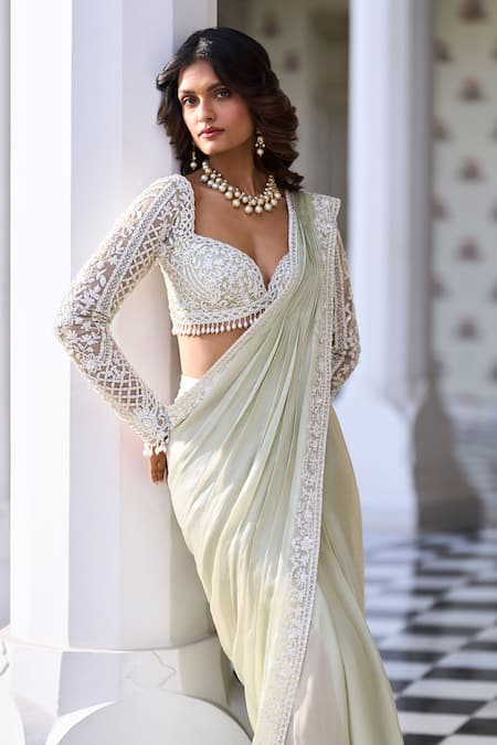 Seema Gujral Floral Sequin Embroidered Pre-Draped Saree 