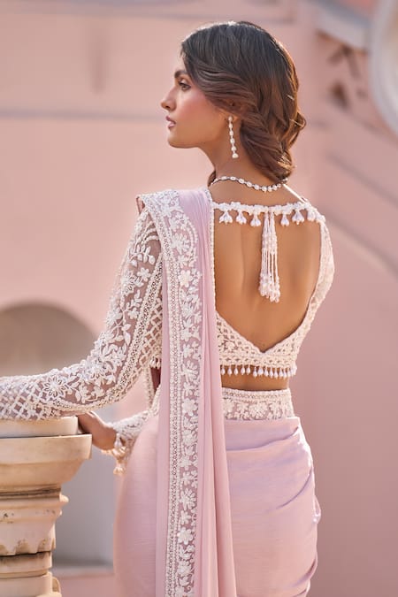 Seema Gujral Floral Sequin Embroidered Pre-Draped Saree 