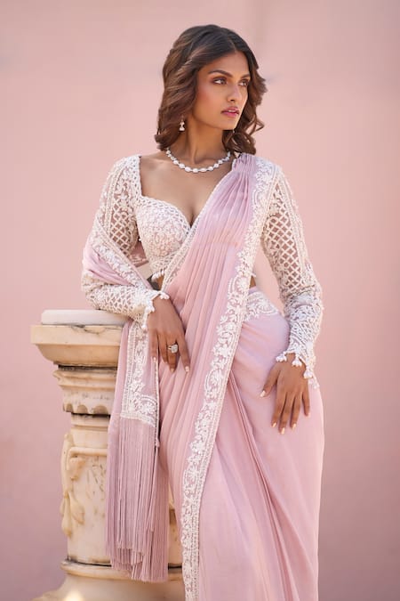 Buy_Seema Gujral_Pink Georgette Pearls, Embroidery, Sequins Sweetheart Floral Pre-draped Saree _Online_at_Aza_Fashions