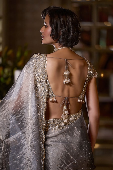 Seema Gujral Grey Floral Embroidered Saree Set 