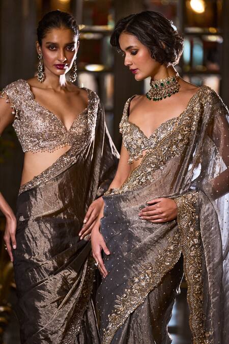 Buy_Seema Gujral_Gray Tissue, Organza Sequins, Beads, Crystals Grey Floral Embroidered Saree Set _Online_at_Aza_Fashions