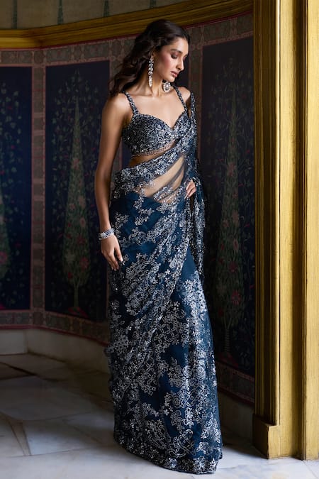 Buy_Seema Gujral_Blue Net Sequins, Beads Sweetheart Neck Teal Embroidered Saree Set _Online_at_Aza_Fashions
