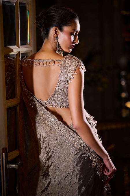 Seema Gujral Embroidered Brown Tissue Organza Saree Set 