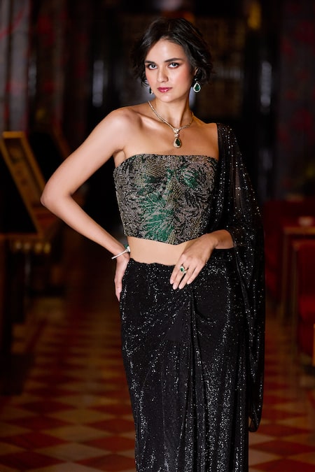 Seema Gujral_Black Net Crystals Off-shoulder Shimmery Pre-draped Saree And Corset Blouse _at_Aza_Fashions