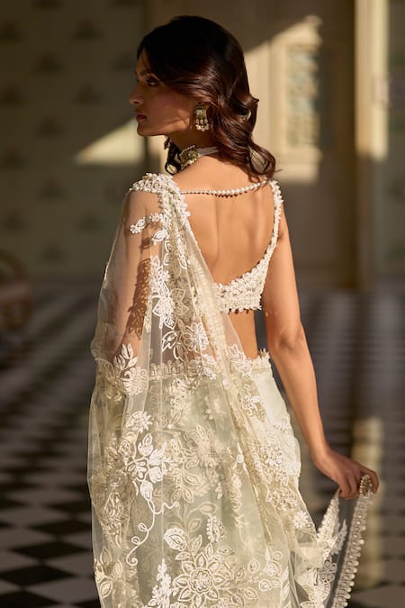 Seema Gujral Mint Green Embroidered Saree With Blouse 