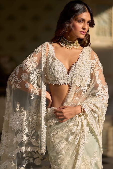 Shop_Seema Gujral_Green Net Sequins, Pearls Asymmetric Mint Embroidered Saree With Blouse _Online_at_Aza_Fashions