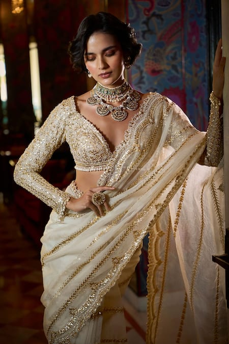 Shop Seema Gujral Ivory Organza, Silk Gota Patti, Pearls Plunge Neck Embroidered Saree Set Online at Aza Fashions Shop_Seema Gujral_Ivory Organza, Silk Gota Patti, Pearls Plunge Neck Embroidered Saree Set _Online_at_Aza_Fashions