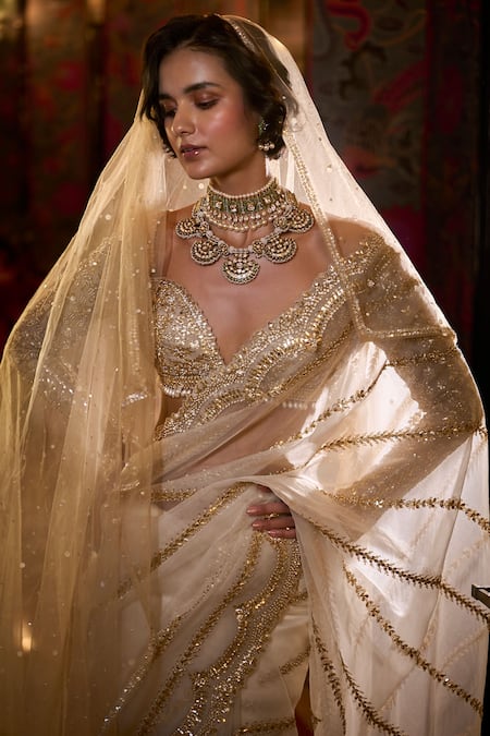 Seema Gujral Ivory Organza, Silk Gota Patti, Pearls Plunge Neck Embroidered Saree Set at Aza Fashions Seema Gujral_Ivory Organza, Silk Gota Patti, Pearls Plunge Neck Embroidered Saree Set _at_Aza_Fashions