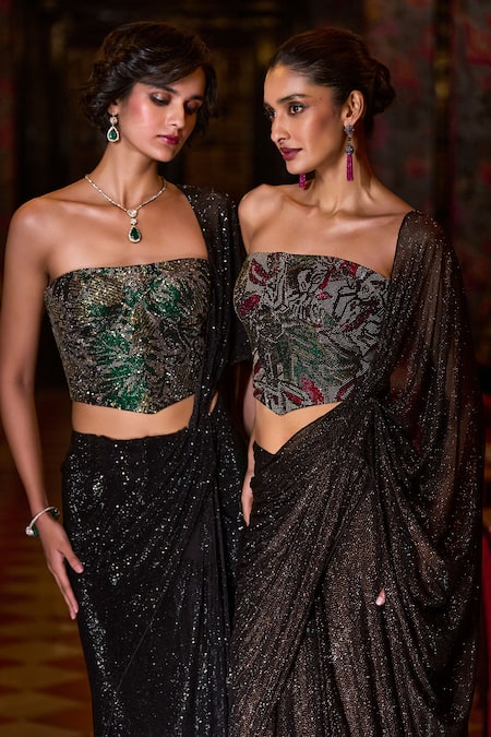 Buy_Seema Gujral_Brown Net Crystals Off-shoulder Pre-draped Saree With Corset Blouse 