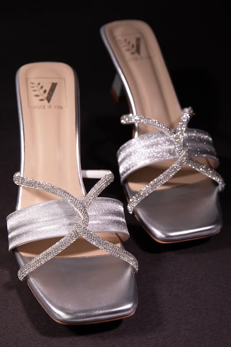 Shop House Of Vian Silver Smocking Swarovski Crystal Embellished Pyramid Heels at Aza Fashions Shop_House Of Vian_Silver Smocking Swarovski Crystal Embellished Pyramid Heels _at_Aza_Fashions