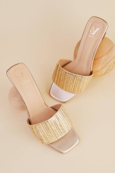 Shop House Of Vian Gold Embroidery Textured Strap Pyramid Heels at Aza Fashions Shop_House Of Vian_Gold Embroidery Textured Strap Pyramid Heels_at_Aza_Fashions