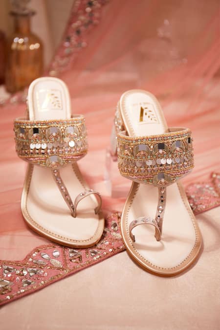 House of Vian Rose Gold Mirror Work Block Heels 