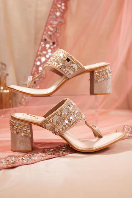 Shop House Of Vian Rose Gold Mirrors, Beads, Diamonds Work Block Heels at Aza Fashions Shop_House Of Vian_Rose Gold Mirrors, Beads, Diamonds Work Block Heels _at_Aza_Fashions