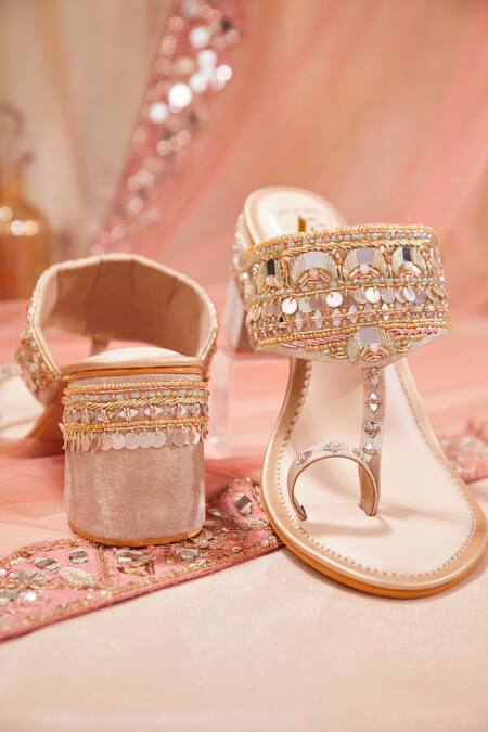 House Of Vian Rose Gold Mirrors, Beads, Diamonds Work Block Heels Online at Aza Fashions House Of Vian_Rose Gold Mirrors, Beads, Diamonds Work Block Heels _Online_at_Aza_Fashions