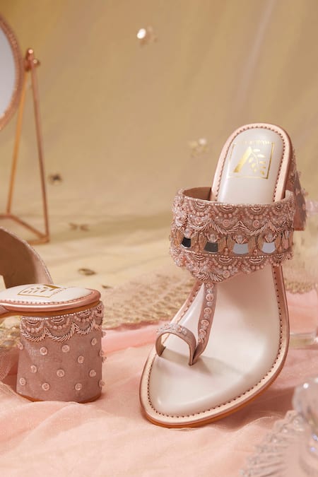 House Of Vian_Rose Gold Beads, Crystals, Cut Work, Mirrors Embellished Block Heels _Online_at_Aza_Fashions