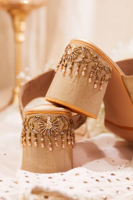 House Of Vian Gold Crystals, Beads, Diamonds Embellished Block Heels Online at Aza Fashions House Of Vian_Gold Crystals, Beads, Diamonds Embellished Block Heels _Online_at_Aza_Fashions