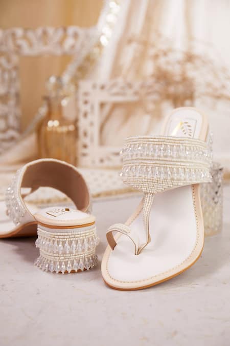 Shop House Of Vian White Crystals, Cut Work, Beads Cutdana Block Heels at Aza Fashions Shop_House Of Vian_White Crystals, Cut Work, Beads Cutdana Block Heels _at_Aza_Fashions