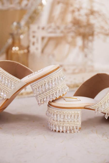 House Of Vian White Crystals, Cut Work, Beads Cutdana Block Heels Online at Aza Fashions House Of Vian_White Crystals, Cut Work, Beads Cutdana Block Heels _Online_at_Aza_Fashions