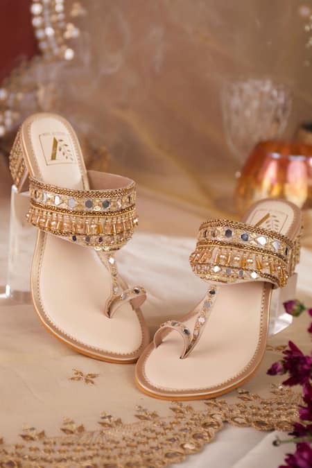 House of Vian Gold Crystal Embellished Block Heels 